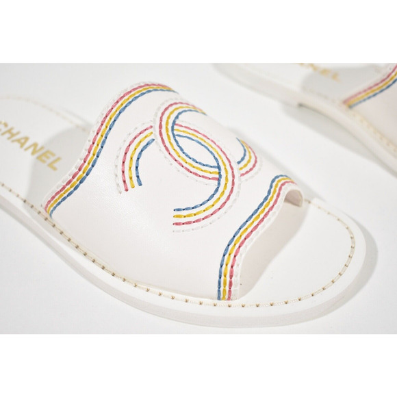 Chanel 21P White Multicolor Lambskin Leather CC Logo Slide Sandal Mule Flat 36 - Picture 4 of 12